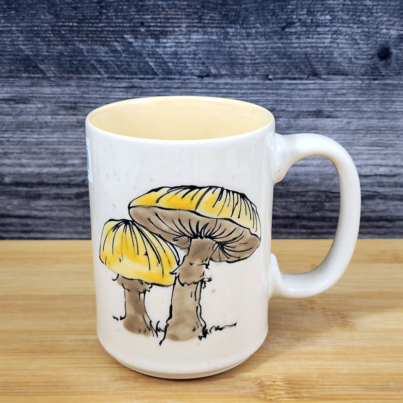 Load image into Gallery viewer, Mushroom Coffee Mug Tea Cup Blue Sky Yellow Toadstool Ceramic Embossed Botanical
