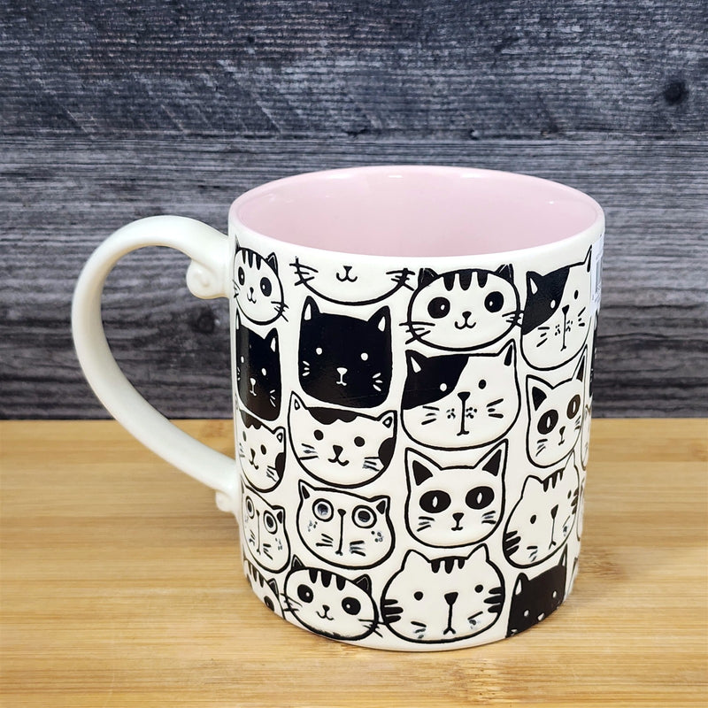 Load image into Gallery viewer, Kitty Cat Faces Coffee Mug Tea Cup Pink Inside Ceramic Embossed by Blue Sky 21oz
