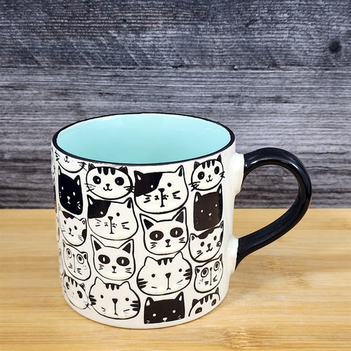 Kitty Cat Faces Coffee Mug Tea Cup Aqua Inside Ceramic Embossed by Blue Sky 21oz