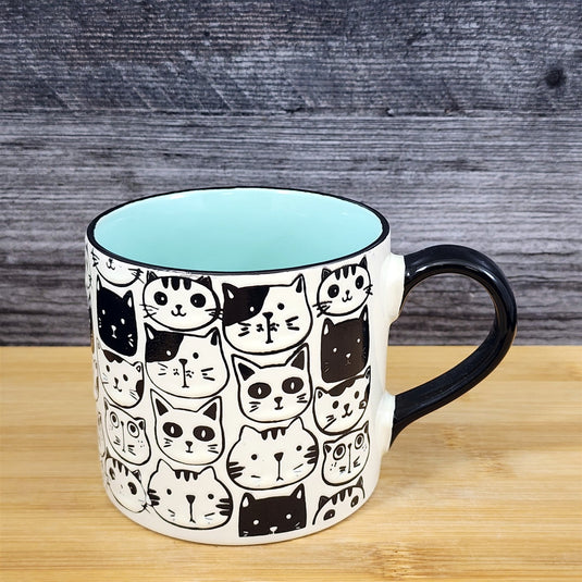 Kitty Cat Faces Coffee Mug Tea Cup Aqua Inside Ceramic Embossed by Blue Sky 21oz