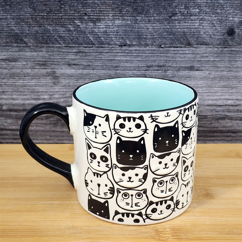 Load image into Gallery viewer, Kitty Cat Faces Coffee Mug Tea Cup Aqua Inside Ceramic Embossed by Blue Sky 21oz
