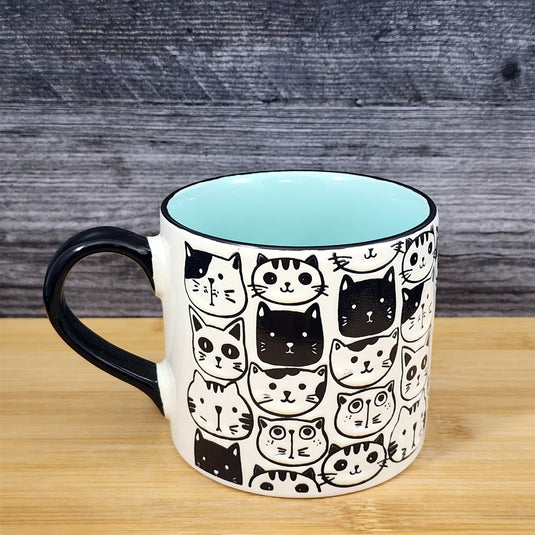 Kitty Cat Faces Coffee Mug Tea Cup Aqua Inside Ceramic Embossed by Blue Sky 21oz
