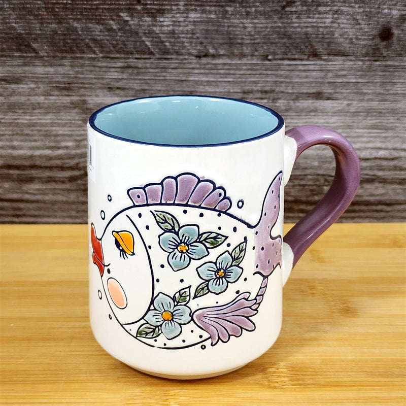 Load image into Gallery viewer, Flower Kissy Fish Coffee Mug Ceramic Whimsical Tea Cup Blue Sky 18oz Embossed
