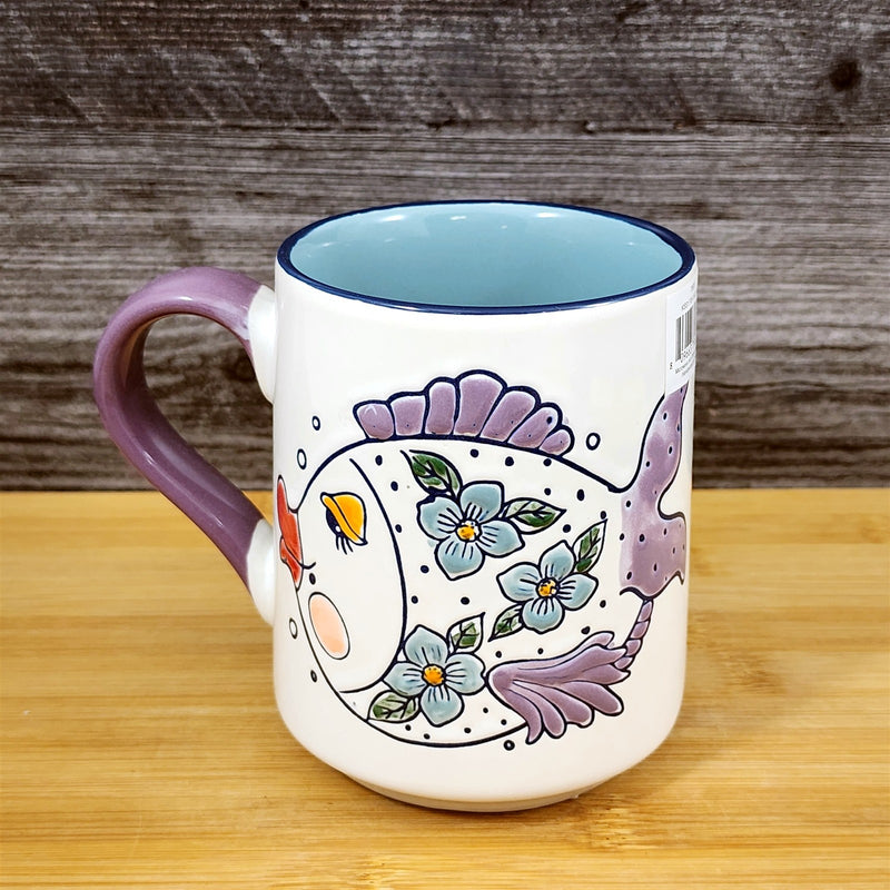 Load image into Gallery viewer, Flower Kissy Fish Coffee Mug Ceramic Whimsical Tea Cup Blue Sky 18oz Embossed
