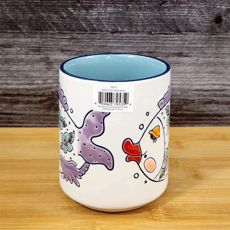 Load image into Gallery viewer, Flower Kissy Fish Coffee Mug Ceramic Whimsical Tea Cup Blue Sky 18oz Embossed

