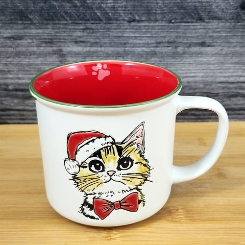 Holiday Cat Coffee Mug Embossed Ceramic Tea Cup Red inside 18 oz Blue Sky