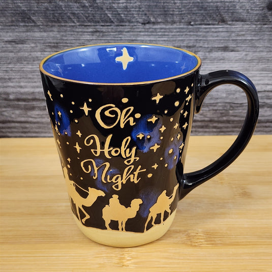 Holiday Coffee Mug OH Holy Night Gold Stars Embossed Christmas Tea Cup Blue Sky