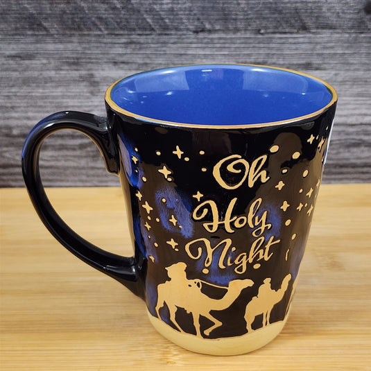 Holiday Coffee Mug OH Holy Night Gold Stars Embossed Christmas Tea Cup Blue Sky