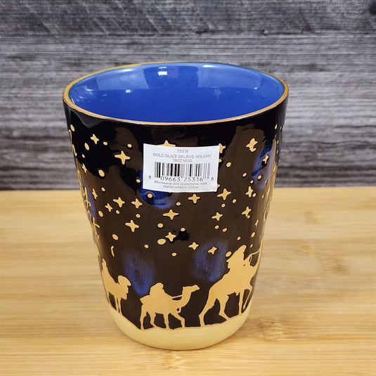 Holiday Coffee Mug OH Holy Night Gold Stars Embossed Christmas Tea Cup Blue Sky