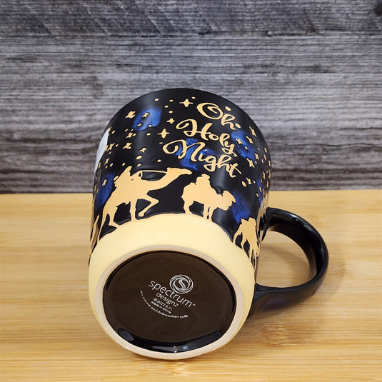 Holiday Coffee Mug OH Holy Night Gold Stars Embossed Christmas Tea Cup Blue Sky
