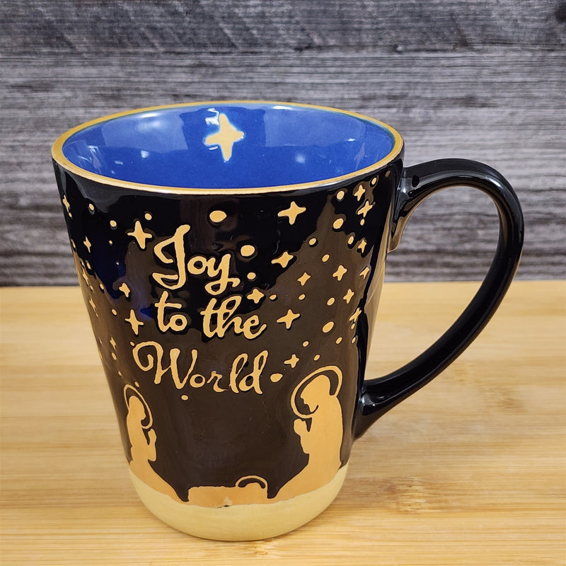 Load image into Gallery viewer, Holiday Coffee Mug - Joy to the World - Gold Stars Christmas Tea Cup Blue Sky
