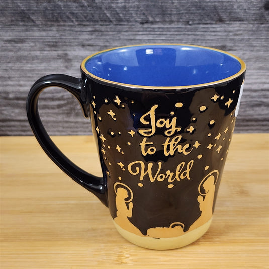 Holiday Coffee Mug - Joy to the World - Gold Stars Christmas Tea Cup Blue Sky