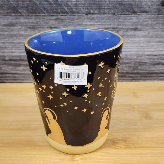 Holiday Coffee Mug - Joy to the World - Gold Stars Christmas Tea Cup Blue Sky