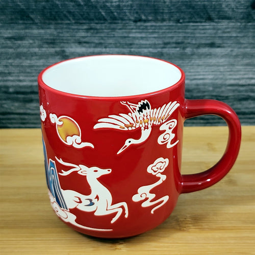 Chinese-Style Red Mug White Deer Design Coffee Tea Cup Ceramic Blue Sky 17oz