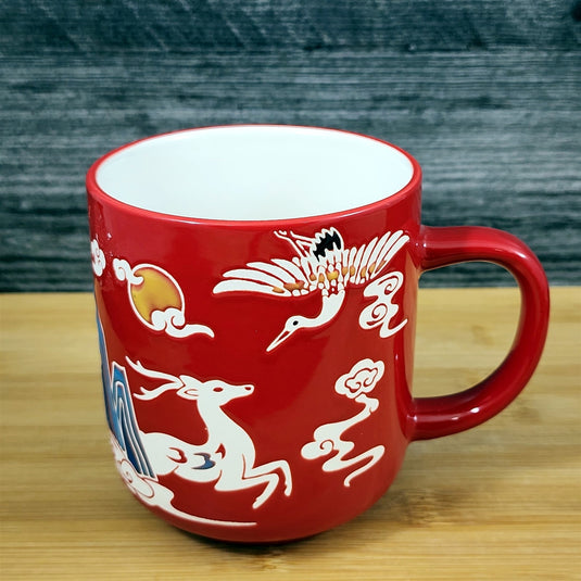 Chinese-Style Red Mug White Deer Design Coffee Tea Cup Ceramic Blue Sky 17oz