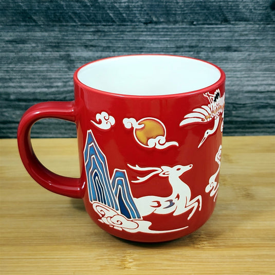 Chinese-Style Red Mug White Deer Design Coffee Tea Cup Ceramic Blue Sky 17oz