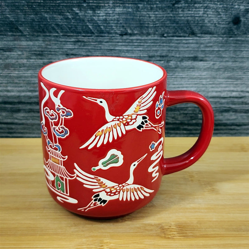 Load image into Gallery viewer, Chinese-Style Red Mug White Geese Design Coffee Tea Cup Ceramic Blue Sky 17oz
