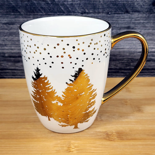 Gold Accent Coffee Mug with Pine Trees Tea Cup Ceramic by Blue Sky