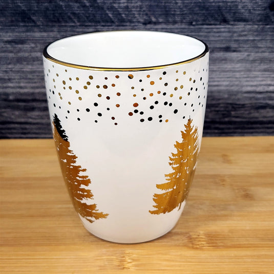 Gold Accent Coffee Mug with Pine Trees Tea Cup Ceramic by Blue Sky