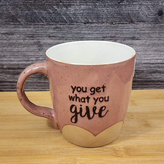 Inspirational Coffee Mug 'You Get What You Give' Pink White Ceramic Cup Blue Sky