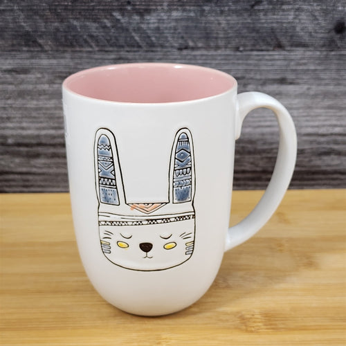 Native American Theme Mug White Rabbit Ceramic Tea Cup Pink Inside Blue Sky