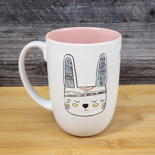 Native American Theme Mug White Rabbit Ceramic Tea Cup Pink Inside Blue Sky