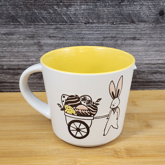 Easter Basket Coffee Mug Bunny and Cart Ceramic Tea Cup Yellow Blue Sky 14oz