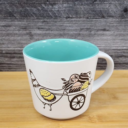 Easter Basket Coffee Mug Bunny & Cart Ceramic Tea Cup Aqua Inside Blue Sky 14oz