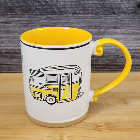 Camper Trailer Vintage RV Coffee Mug Yellow Ceramic Embossed Tea Cup Blue Sky