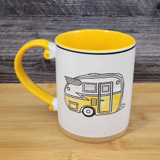 Camper Trailer Vintage RV Coffee Mug Yellow Ceramic Embossed Tea Cup Blue Sky