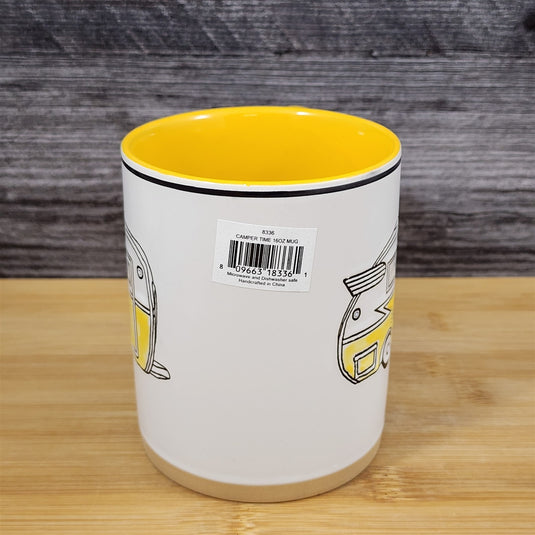 Camper Trailer Vintage RV Coffee Mug Yellow Ceramic Embossed Tea Cup Blue Sky