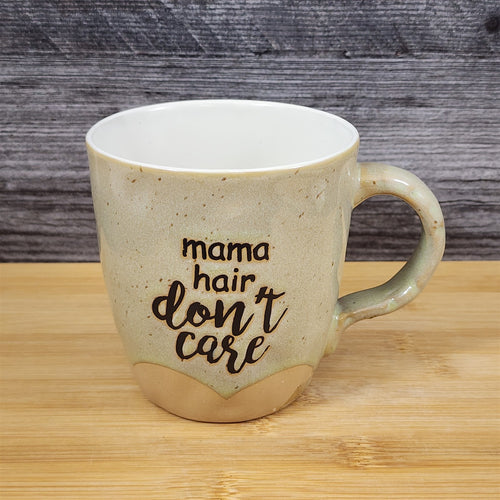 Inspirational Coffee Mug 'Mama Hair Don't Care' Beige White Ceramic Cup Blue Sky