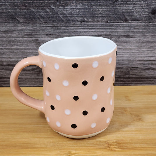 Peach Polka Dots Mug with Black and White Dots Coffee Tea Cup Ceramic Blue Sky