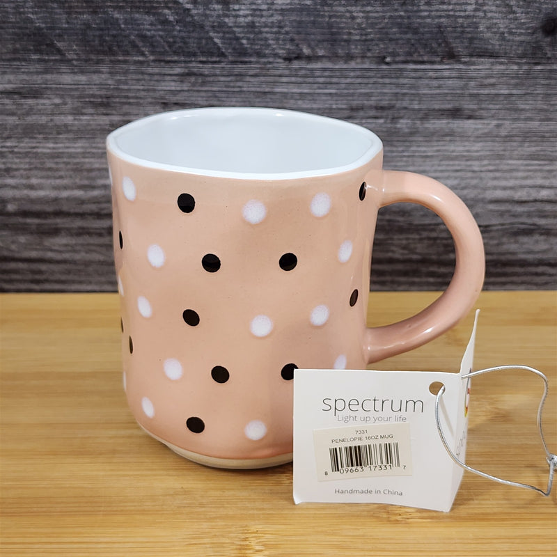 Load image into Gallery viewer, Peach Polka Dots Mug with Black and White Dots Coffee Tea Cup Ceramic Blue Sky
