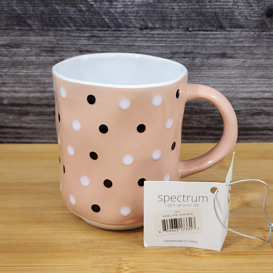 Peach Polka Dots Mug with Black and White Dots Coffee Tea Cup Ceramic Blue Sky