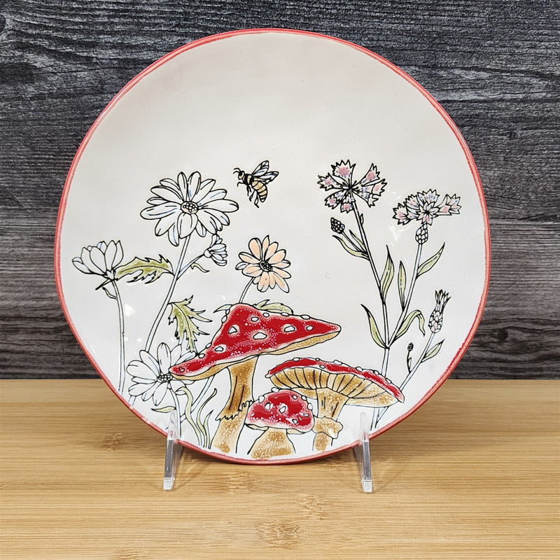 Load image into Gallery viewer, Floral Mushroom Serving Plate Whimsical Toadstool Embossed Ceramic 8" Blue Sky
