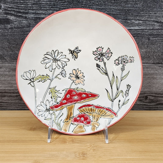 Floral Mushroom Serving Plate Whimsical Toadstool Embossed Ceramic 8" Blue Sky