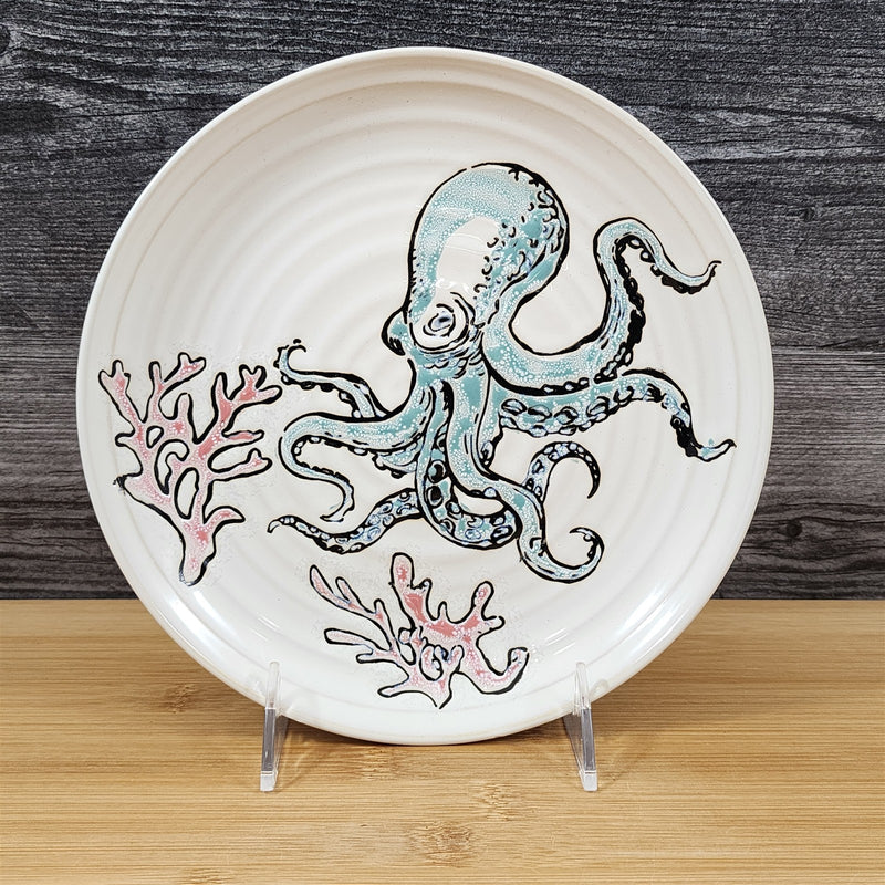 Load image into Gallery viewer, Sunny Cove Octopus Salad Plate Embossed Ceramic 8&quot; Sea Nautical Blue Sky
