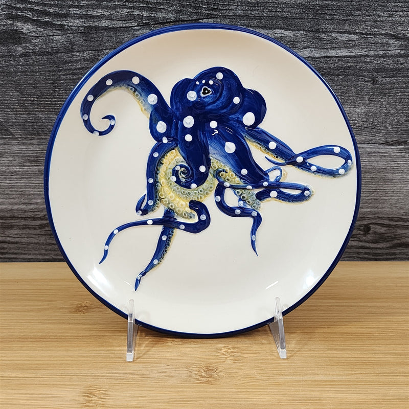 Load image into Gallery viewer, Octopus Salad Plate Embossed Ceramic 8" Serving Sea Nautical Blue Sky Goldminc
