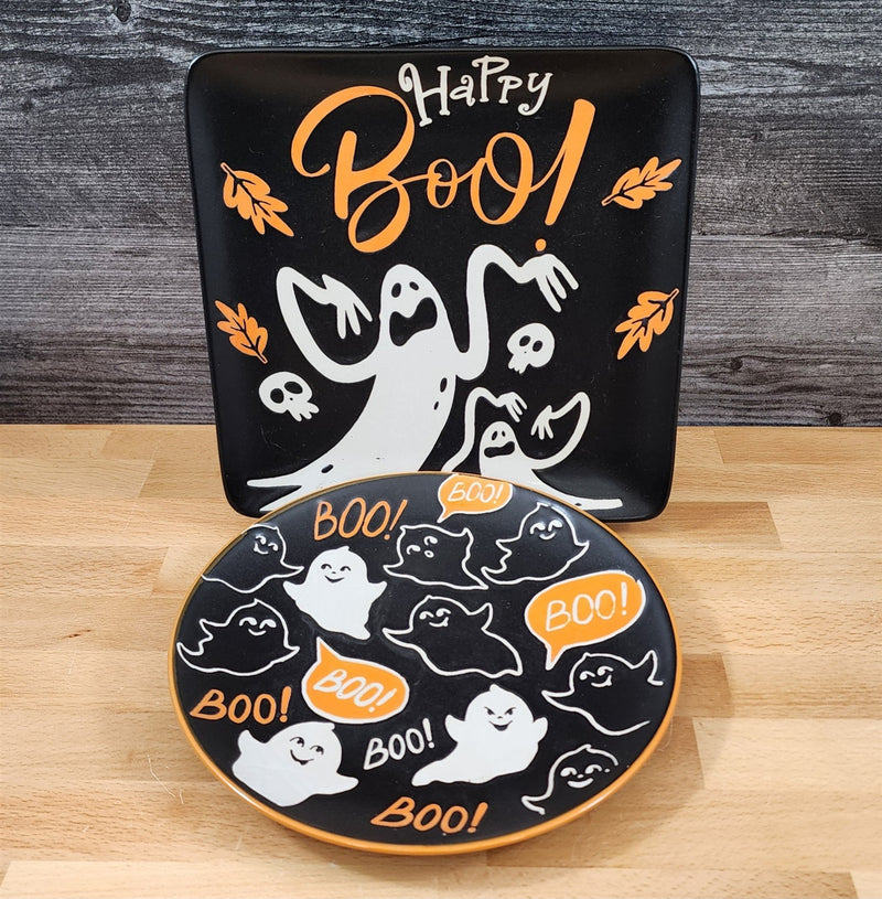 Load image into Gallery viewer, Halloween Ghosts Set of 2 Orange Black Plates Embossed Ceramic 8" ELI + ANA
