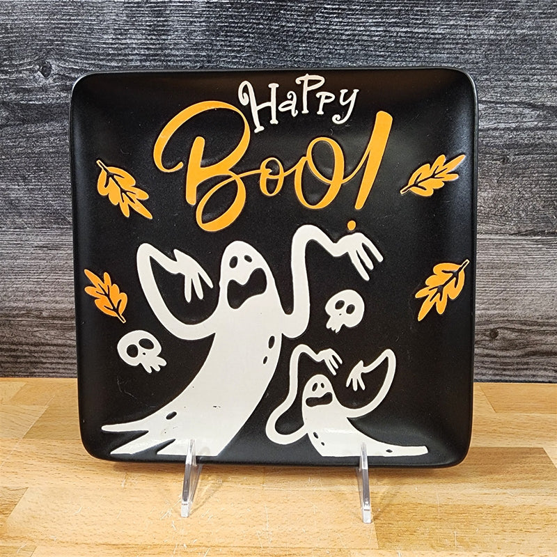 Load image into Gallery viewer, Halloween Ghosts Set of 2 Orange Black Plates Embossed Ceramic 8" ELI + ANA
