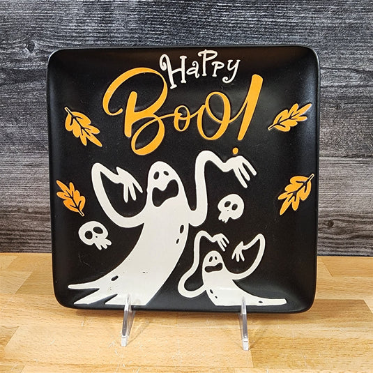Halloween Ghosts Set of 2 Orange Black Plates Embossed Ceramic 8" ELI + ANA