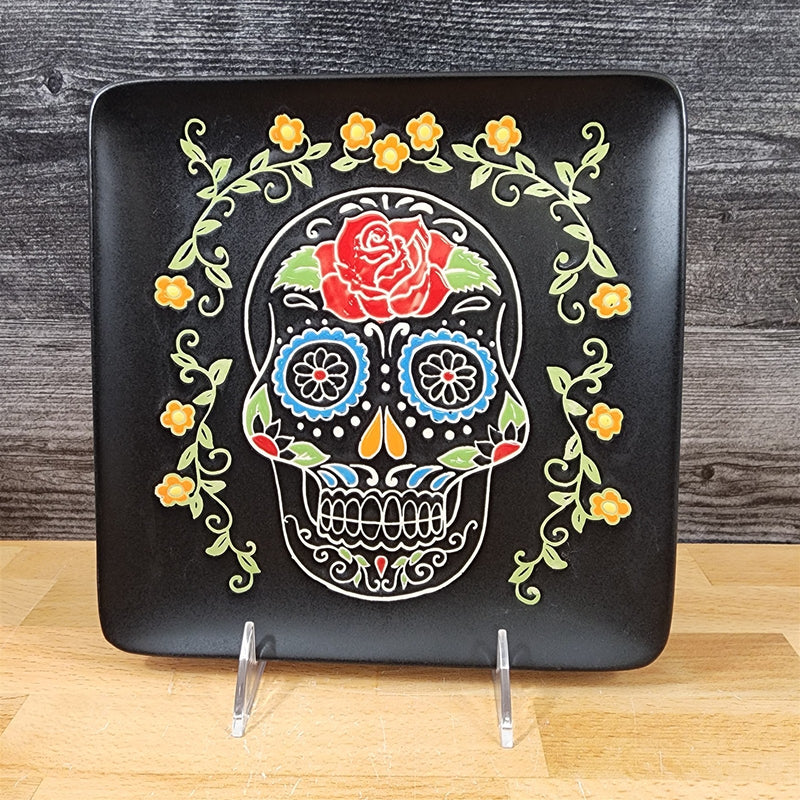 Load image into Gallery viewer, Day of the Dead Salad Plate Set Sugar Skull Embossed Ceramic by Blue Sky 8&quot;
