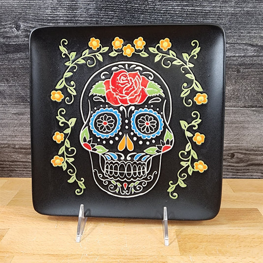 Day of the Dead Salad Plate Set Sugar Skull Embossed Ceramic by Blue Sky 8"