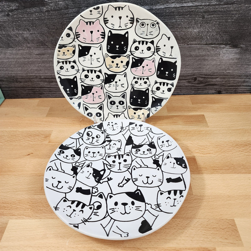 Load image into Gallery viewer, Cat Friends Salad Plate Set of 2 Whimsical Repeat Embossed Ceramic Blue Sky
