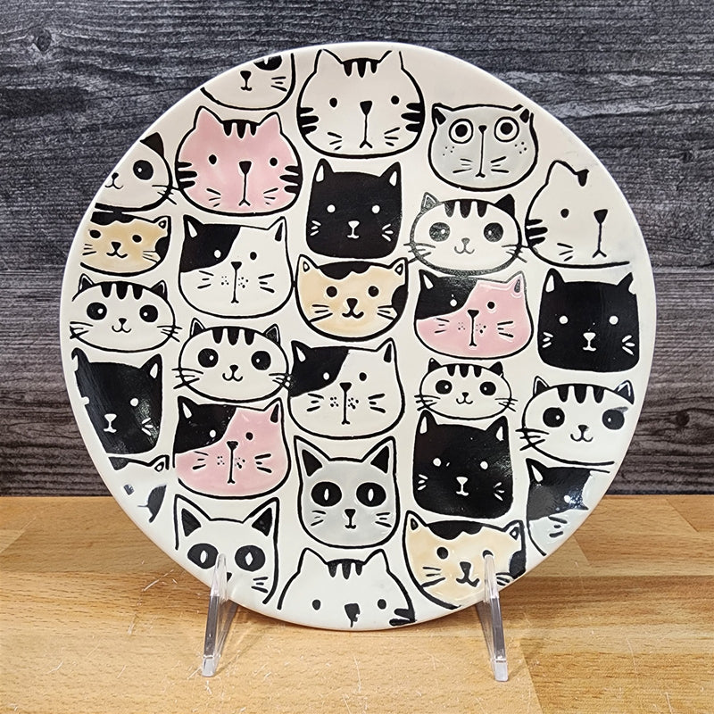 Load image into Gallery viewer, Cat Friends Salad Plate Set of 2 Whimsical Repeat Embossed Ceramic Blue Sky
