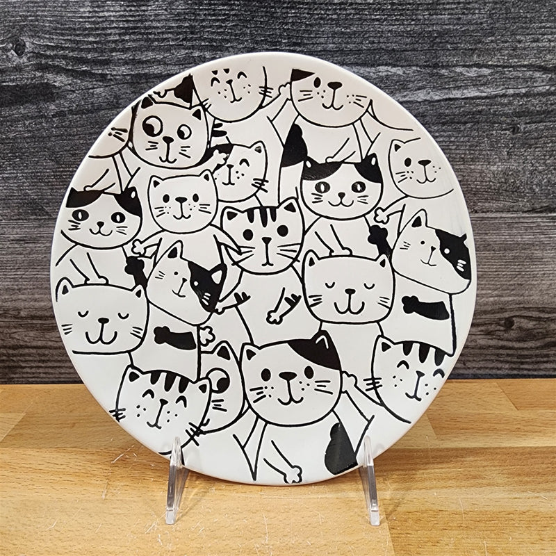 Load image into Gallery viewer, Cat Friends Salad Plate Set of 2 Whimsical Repeat Embossed Ceramic Blue Sky
