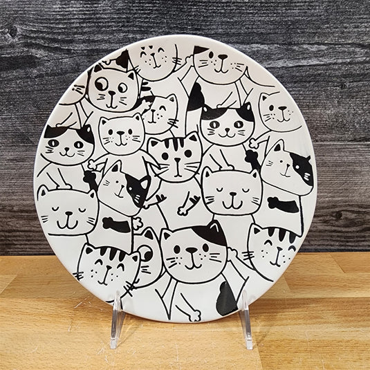 Cat Friends Salad Plate Set of 2 Whimsical Repeat Embossed Ceramic Blue Sky