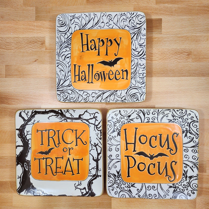 Load image into Gallery viewer, Halloween Set of 3 Orange Black Plates Embossed Ceramic 9" Square ELI + ANA
