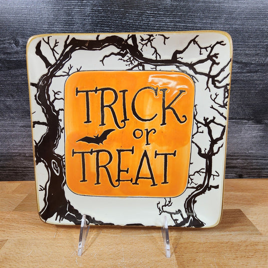 Halloween Set of 3 Orange Black Plates Embossed Ceramic 9" Square ELI + ANA
